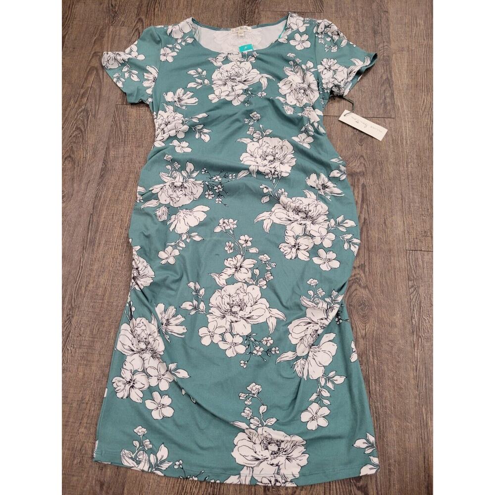 Nine Britton Floral Maternity Short Sleeve Dress Green Spring Ruched Sides L